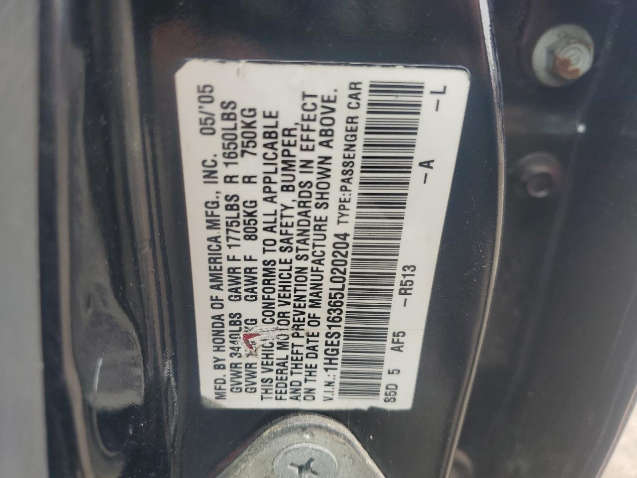 1HGES16365L020204 2005 Honda Civic Dx Vp 1HGES16365L020204 2005 Honda Civic Dx Vp