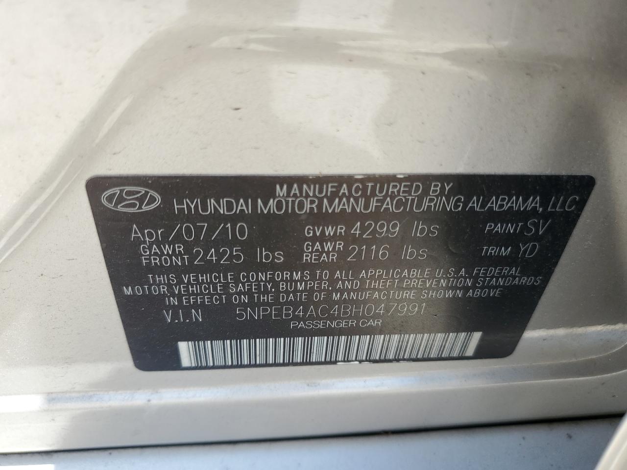 5NPEB4AC4BH047991 2011 Hyundai Sonata Gls