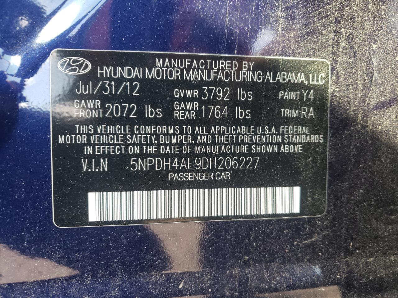 5NPDH4AE9DH206227 2013 Hyundai Elantra Gls