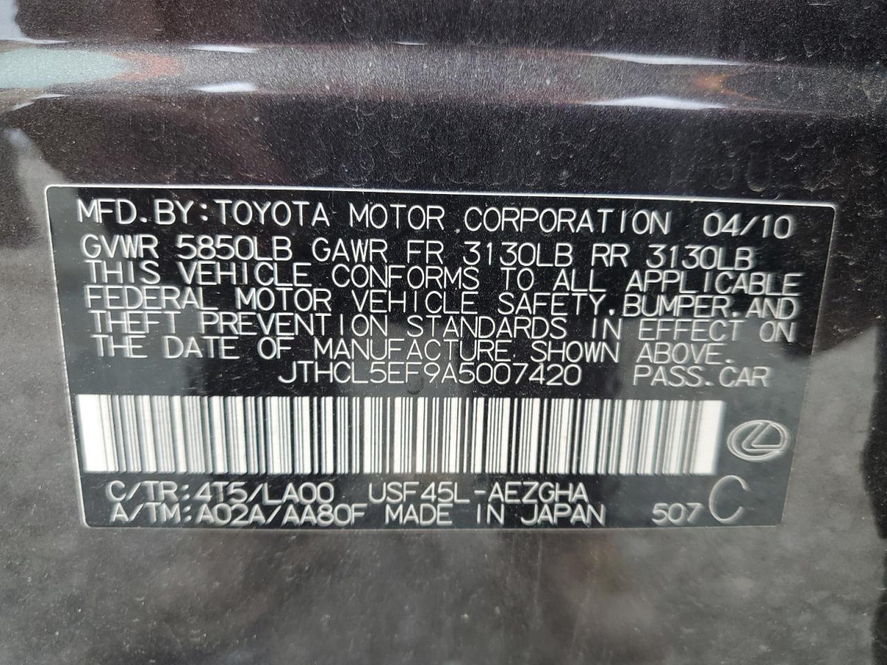 JTHCL5EF9A5007420 2010 Lexus Ls 460