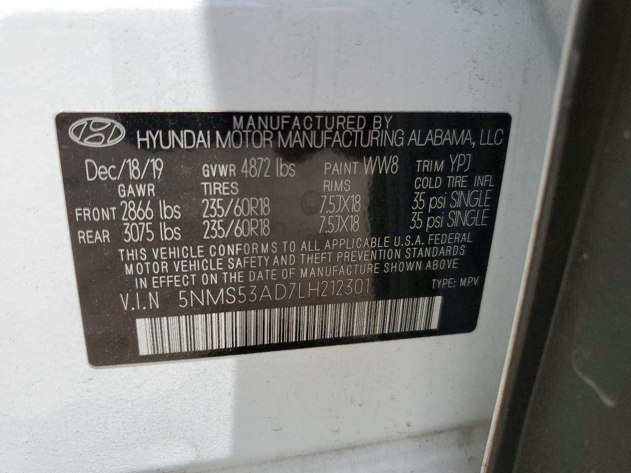 5NMS53AD7LH212301 2020 Hyundai Santa Fe Limited
