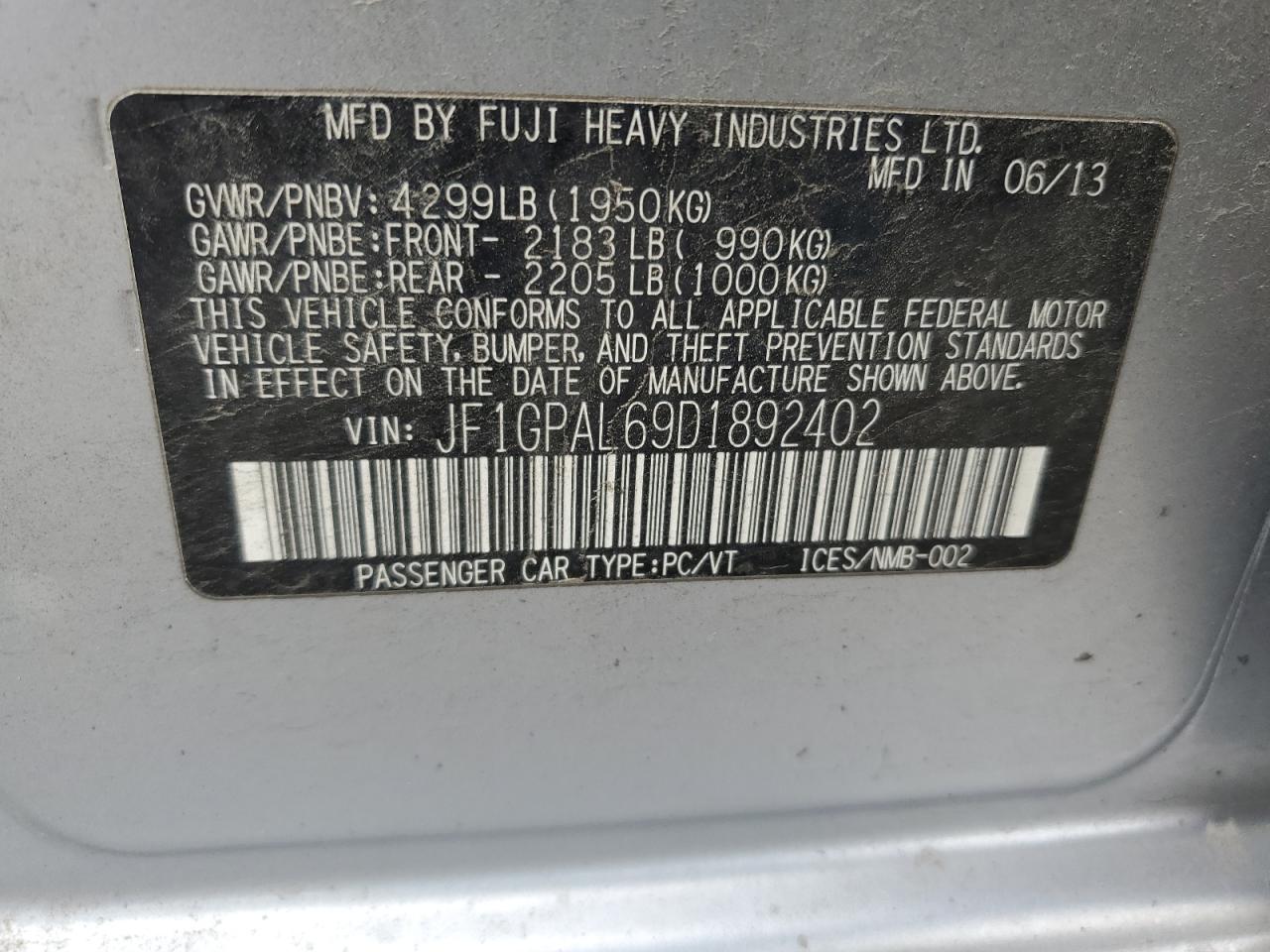 JF1GPAL69D1892402 2013 Subaru Impreza Sport Premium