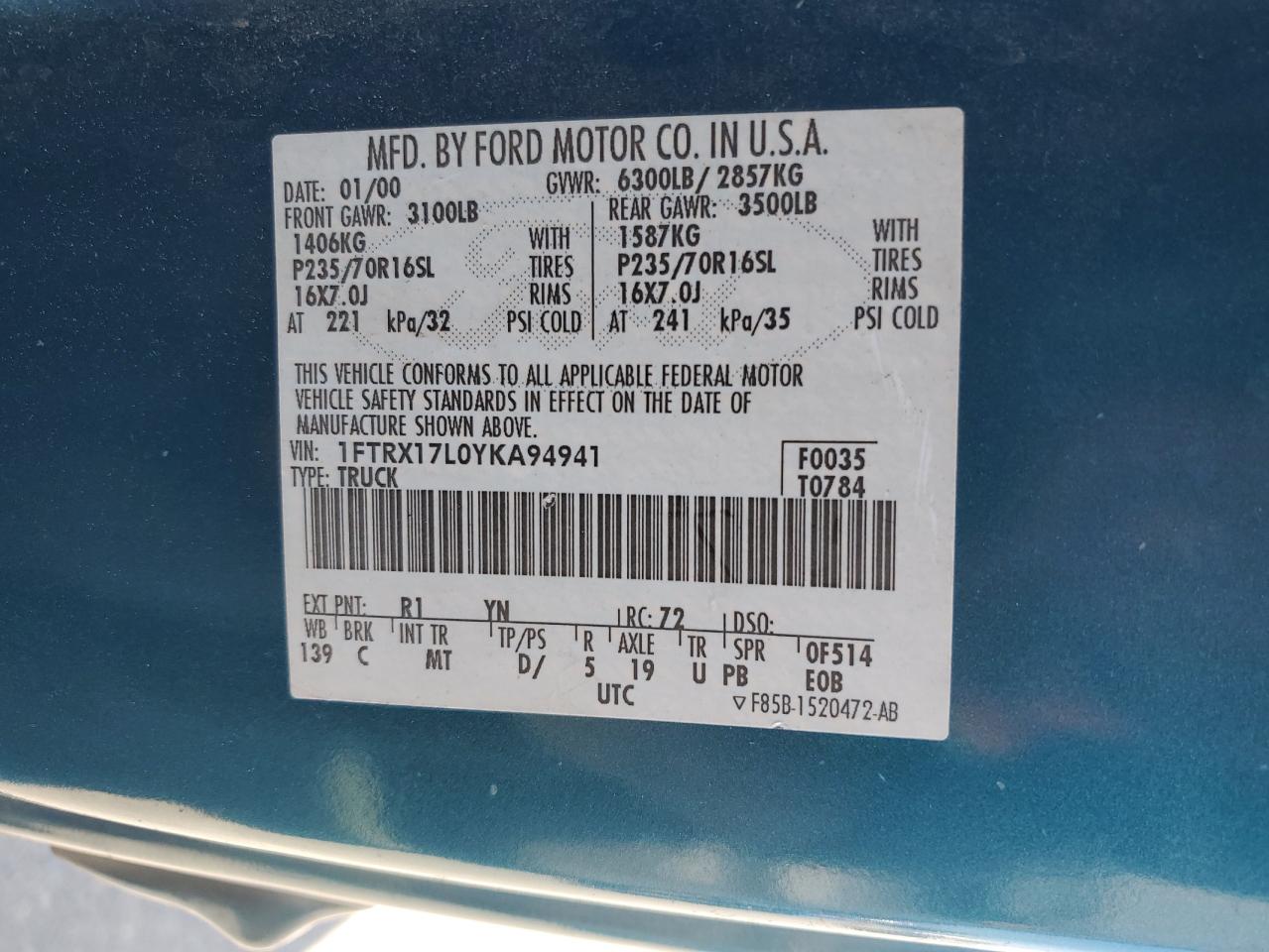 1FTRX17L0YKA94941 2000 Ford F150