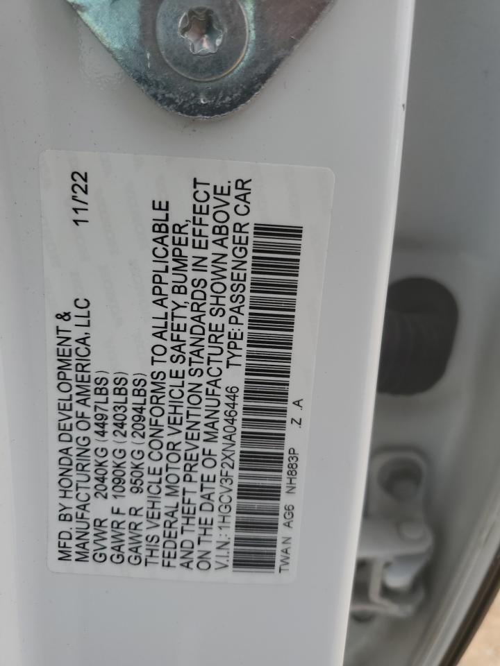 1HGCV3F2XNA046446 2022 Honda Accord Hybrid Sport