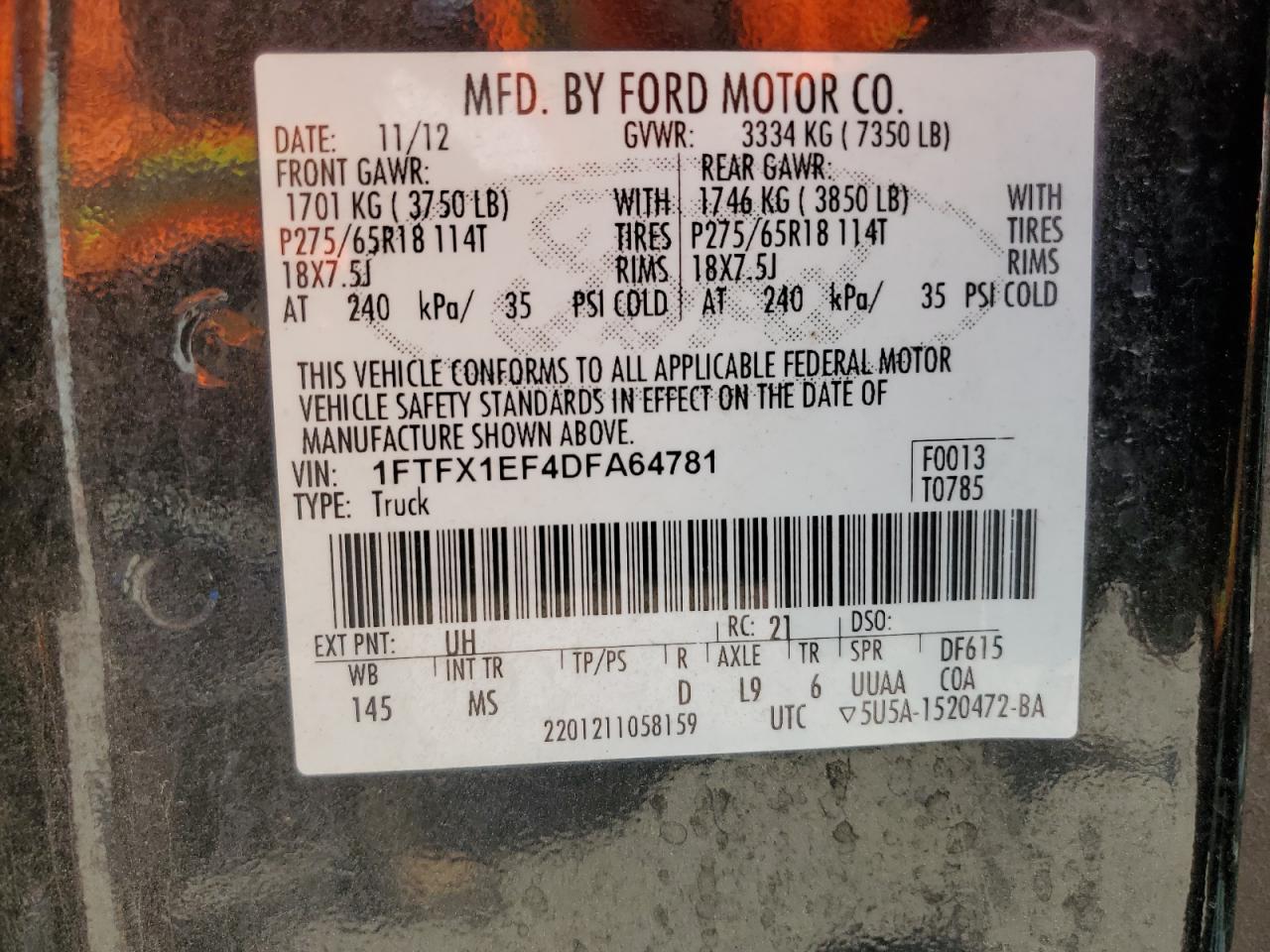 1FTFX1EF4DFA64781 2013 Ford F150 Super Cab