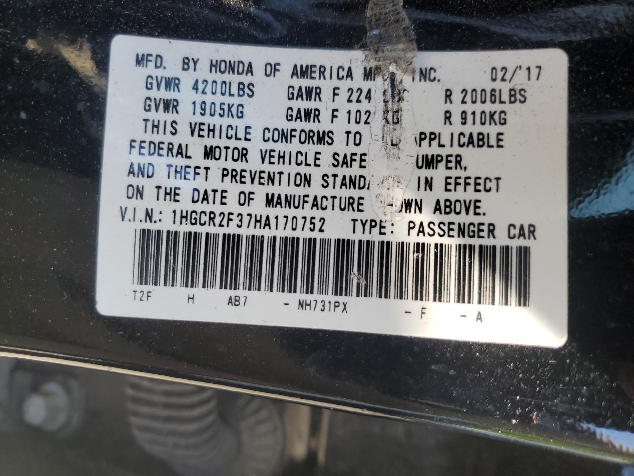 1HGCR2F37HA170752 2017 Honda Accord Lx