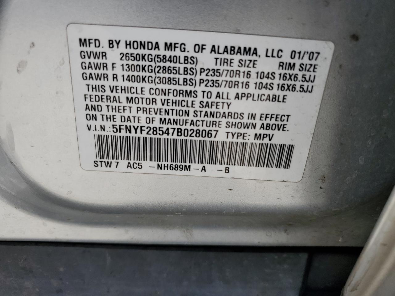 5FNYF28547B028067 2007 Honda Pilot Exl