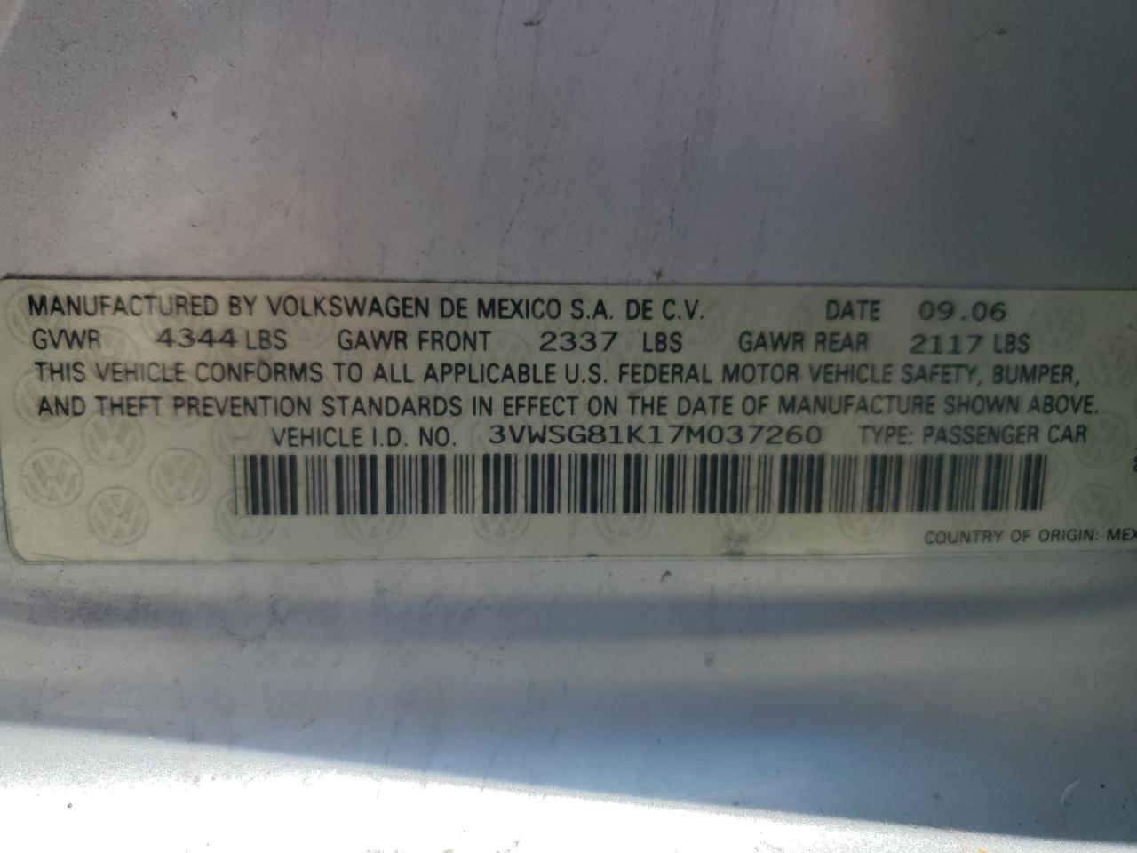 3VWSG81K17M037260 2007 Volkswagen Jetta 2.5 Option Package 1