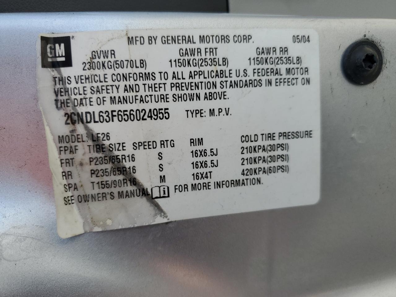 2CNDL63F656024955 2005 Chevrolet Equinox Lt