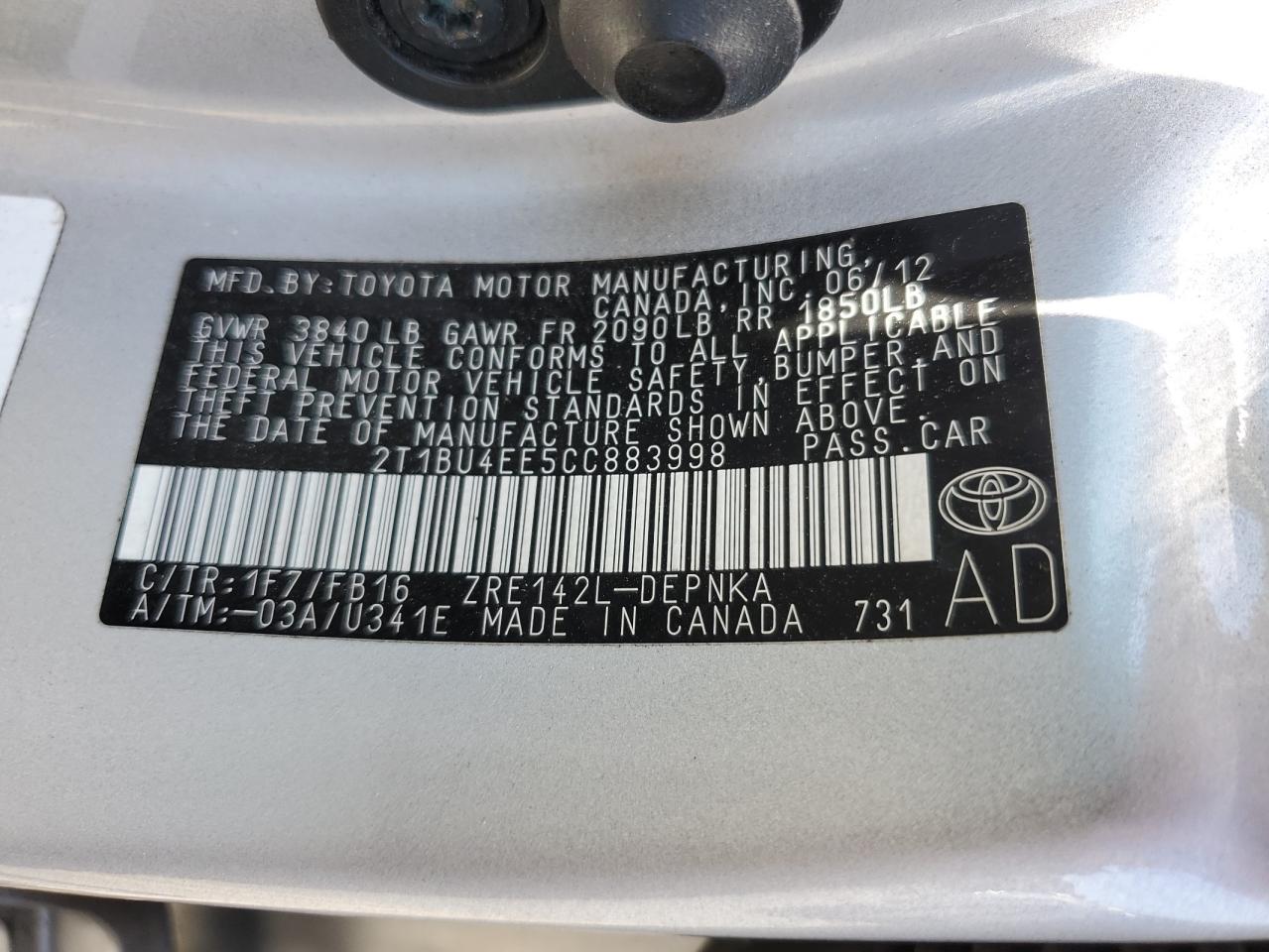 2T1BU4EE5CC883998 2012 Toyota Corolla Base