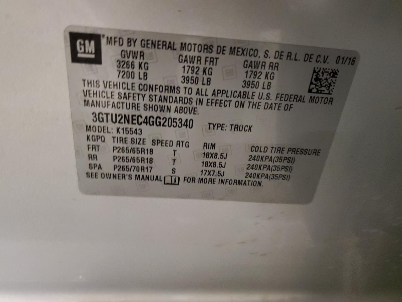 3GTU2NEC4GG205340 2016 GMC Sierra K1500 Slt