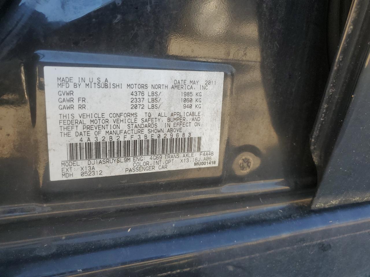 4A32B2FF3BE029683 2011 Mitsubishi Galant Fe