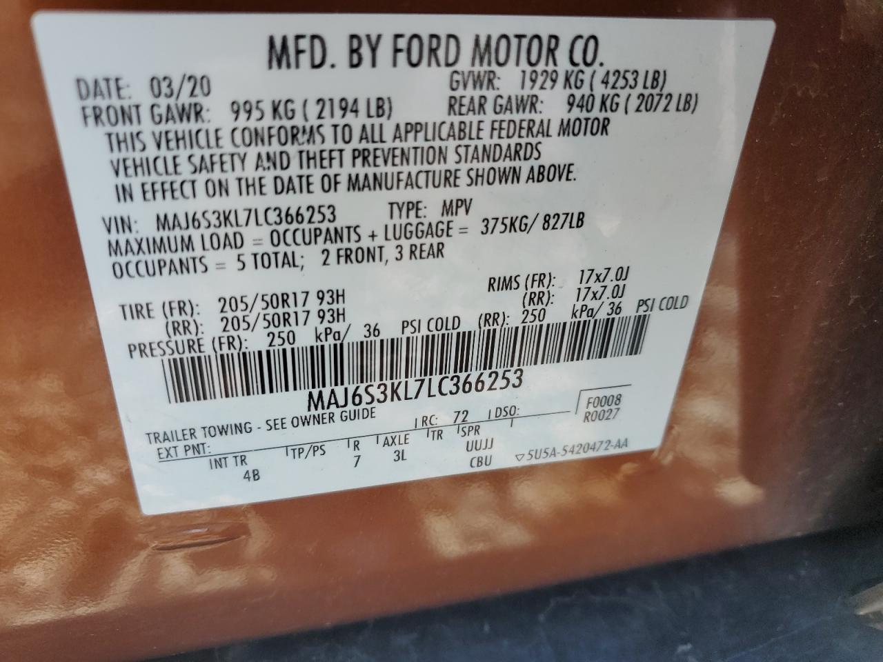 MAJ6S3KL7LC366253 FORD ECOSPORT 2020