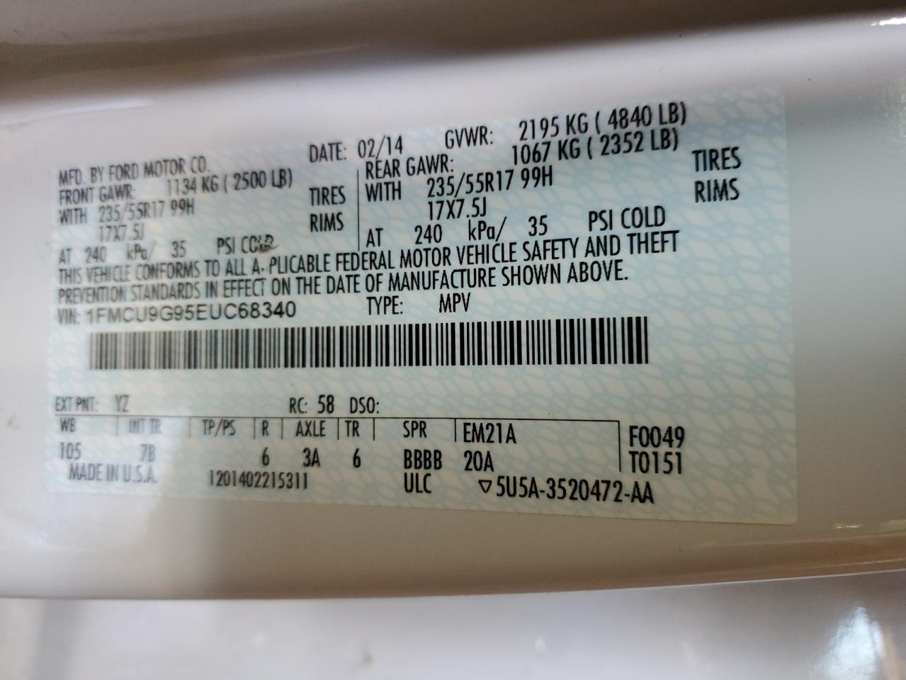 1FMCU9G95EUC68340 2014 Ford Escape Se