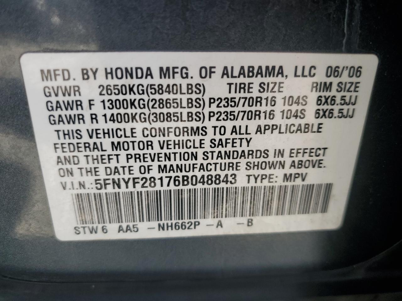 5FNYF28176B048843 2006 Honda Pilot Lx