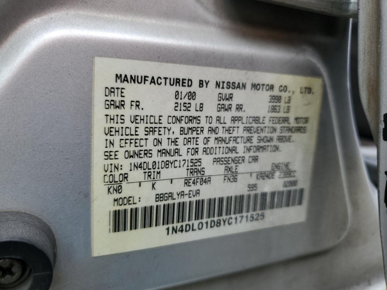 1N4DL01D8YC171525 2000 Nissan Altima Xe