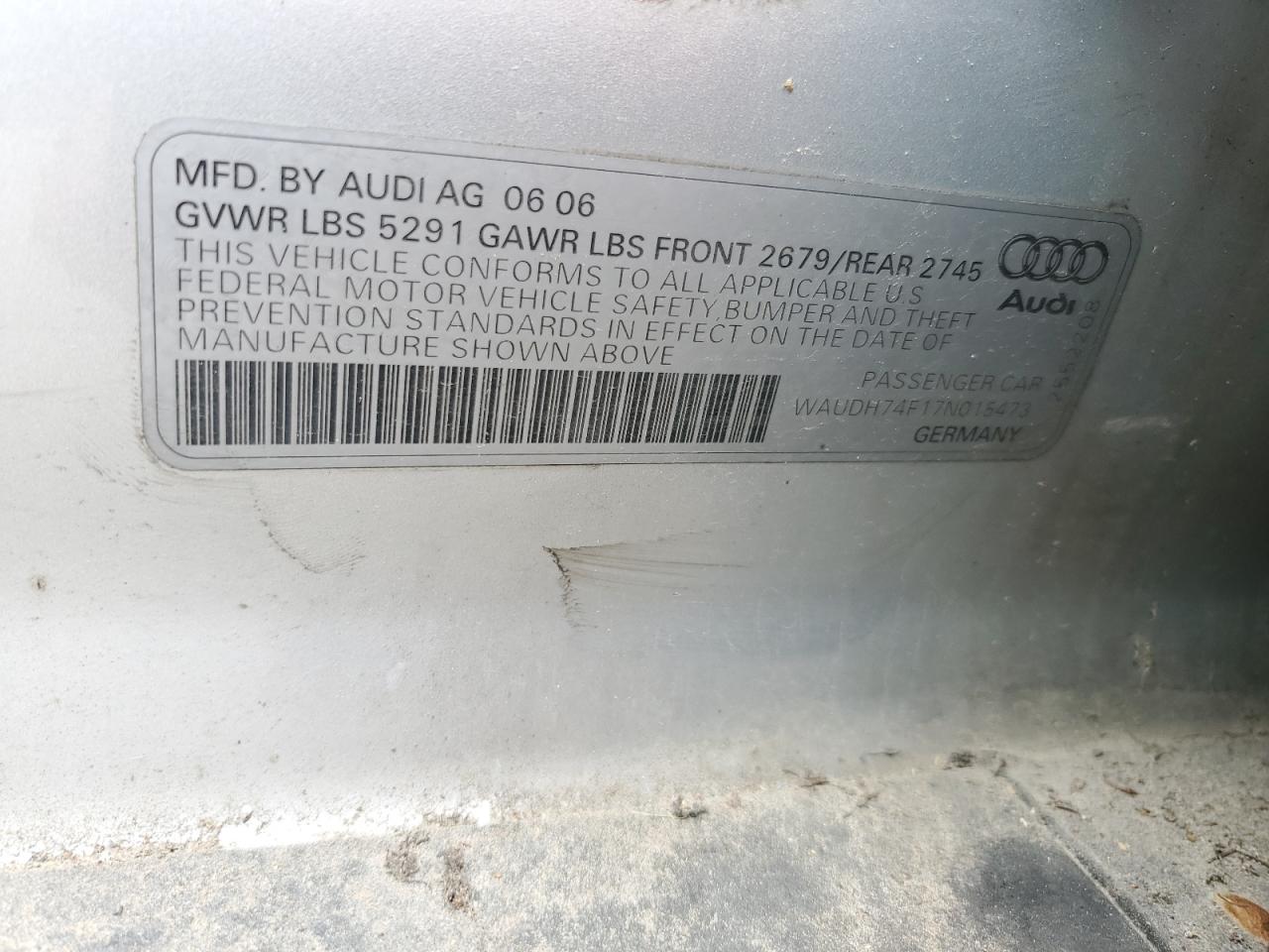 WAUDH74F17N015473 2007 Audi A6 3.2 Quattro