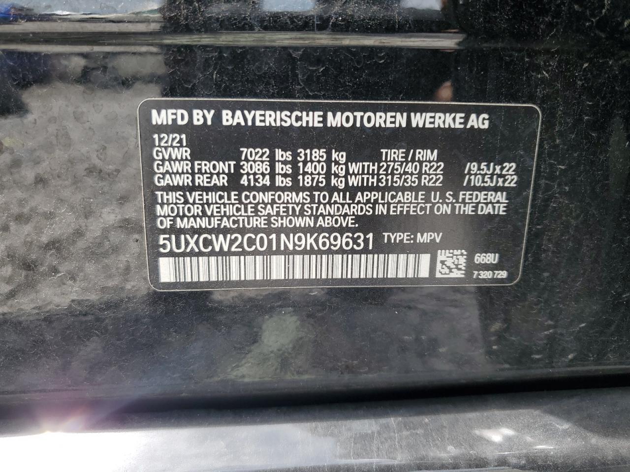 5UXCW2C01N9K69631 2022 BMW X7 xDrive40I