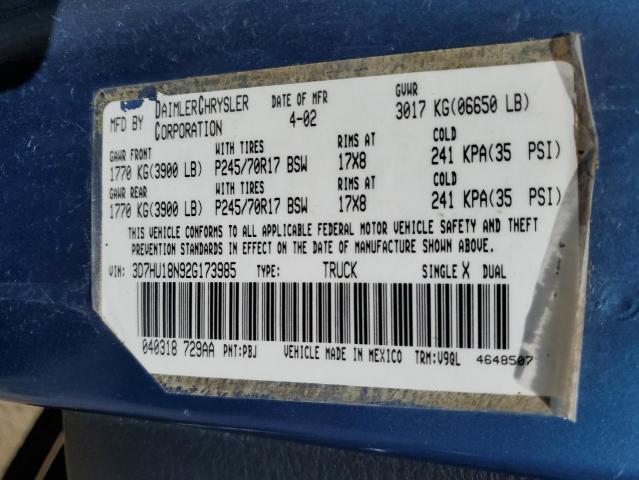 2002 Dodge Ram 1500 VIN: 3D7HU18N92G173985 Lot: 53804944