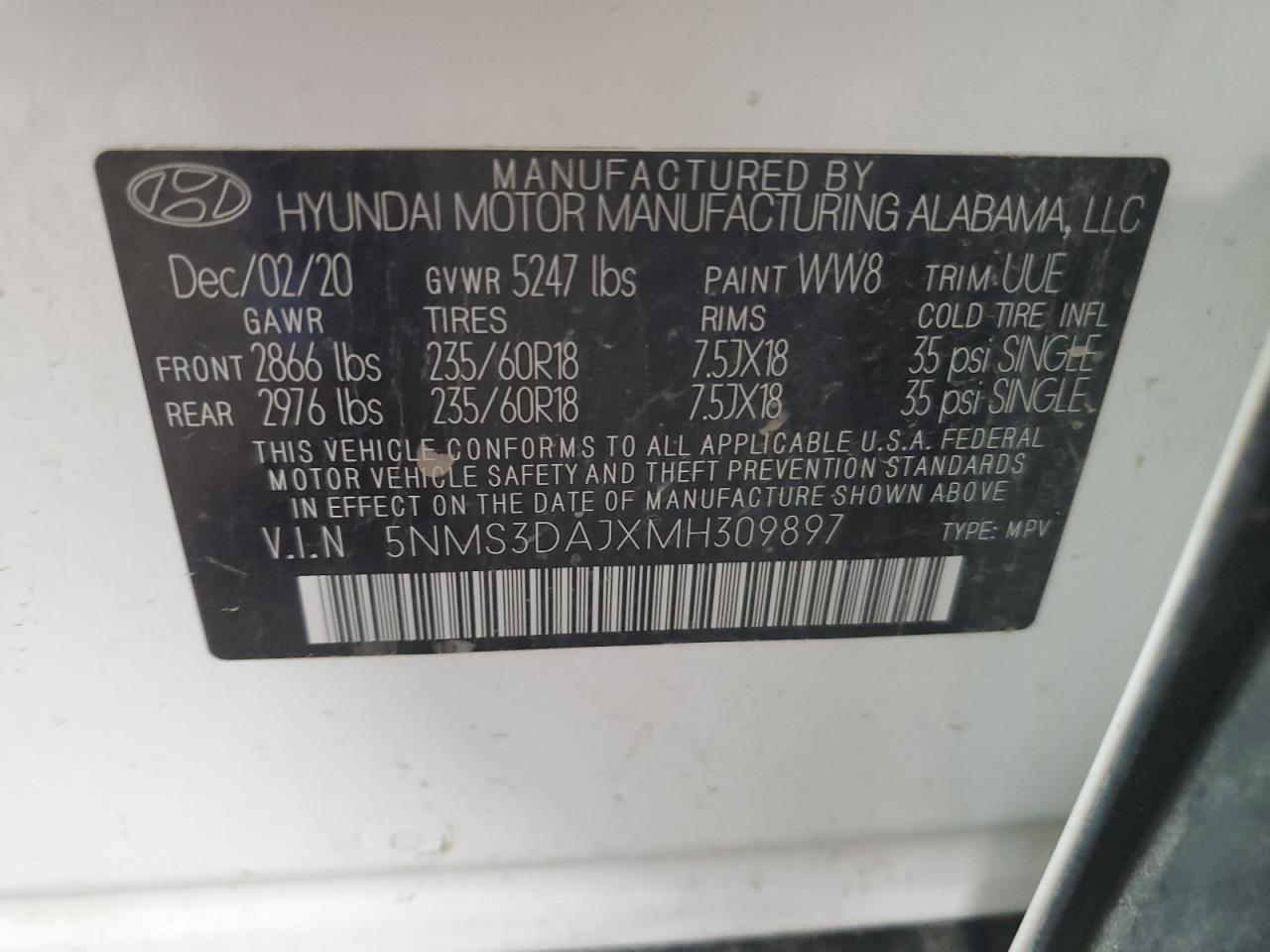 5NMS3DAJXMH309897 2021 Hyundai Santa Fe Sel