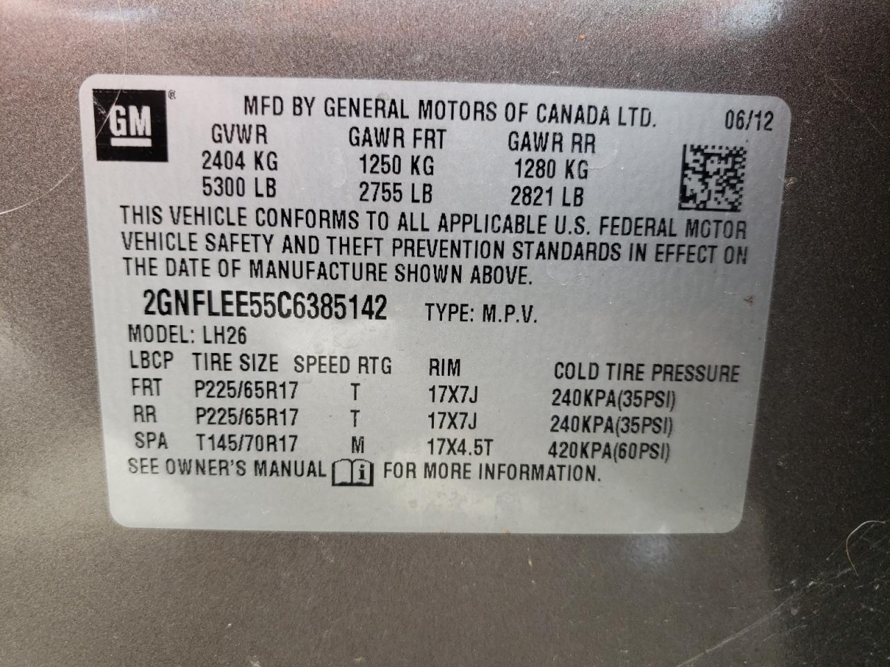 2GNFLEE55C6385142 2012 Chevrolet Equinox Lt