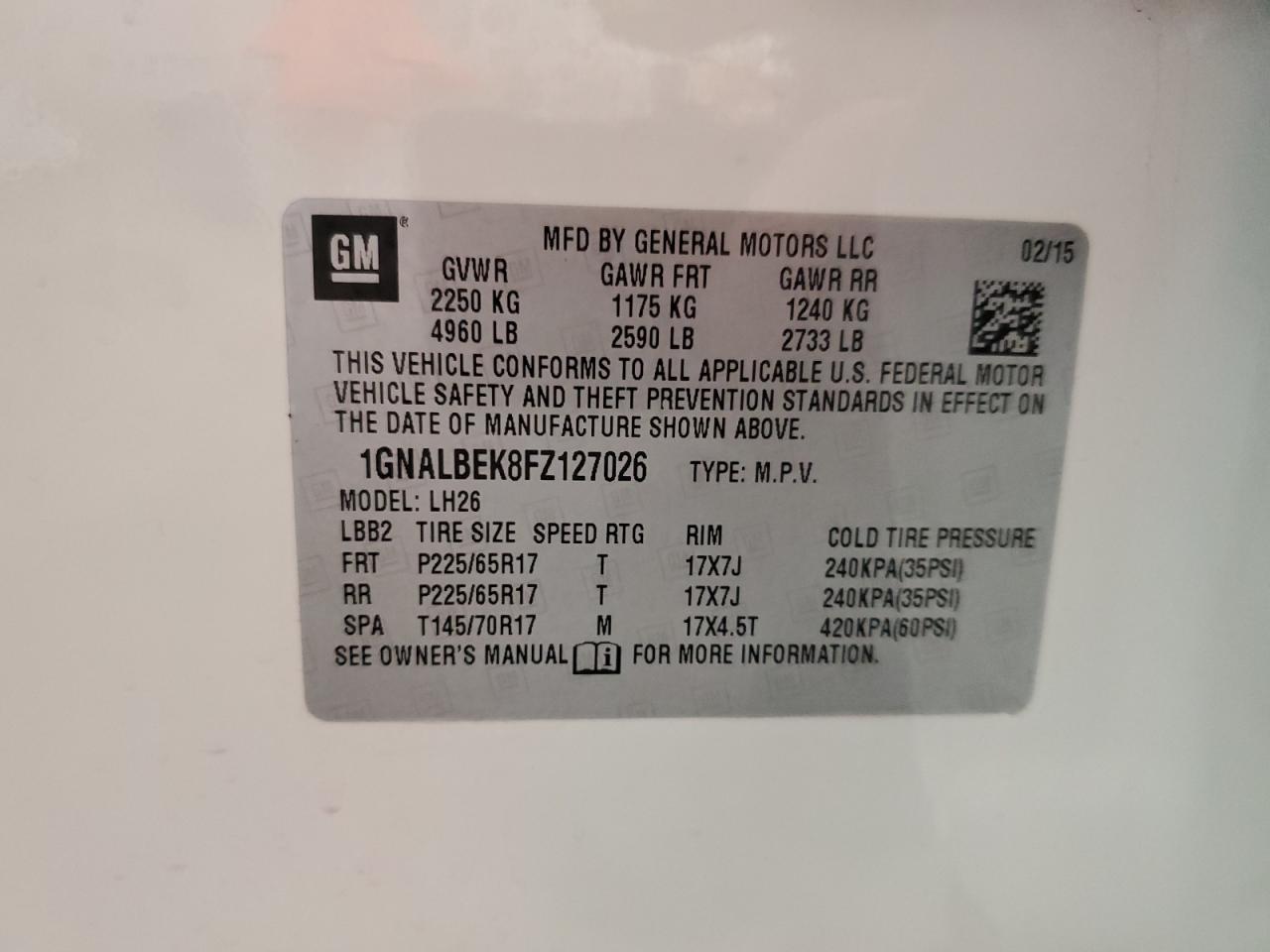 1GNALBEK8FZ127026 2015 Chevrolet Equinox Lt