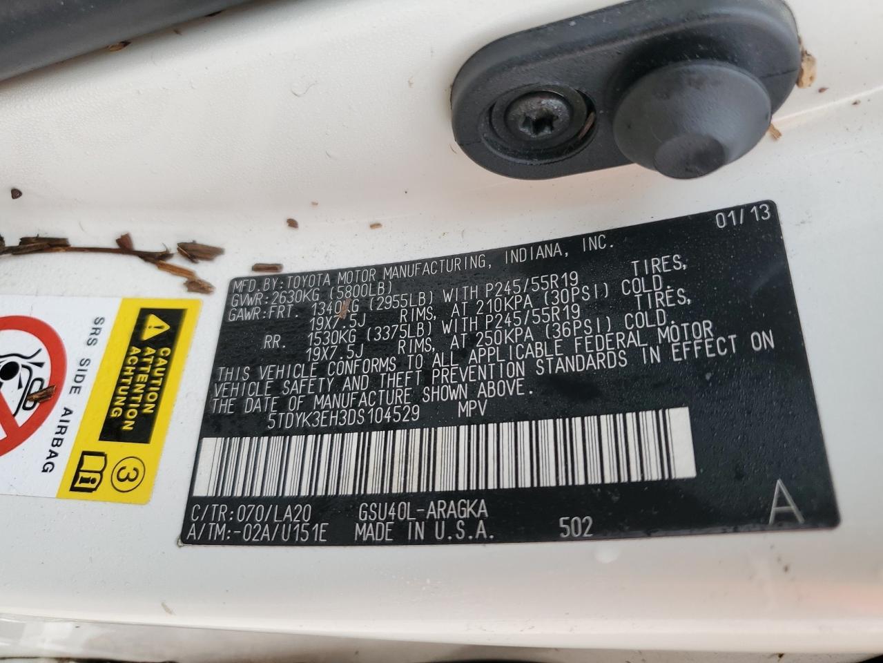 5TDYK3EH3DS104529 2013 Toyota Highlander Limited