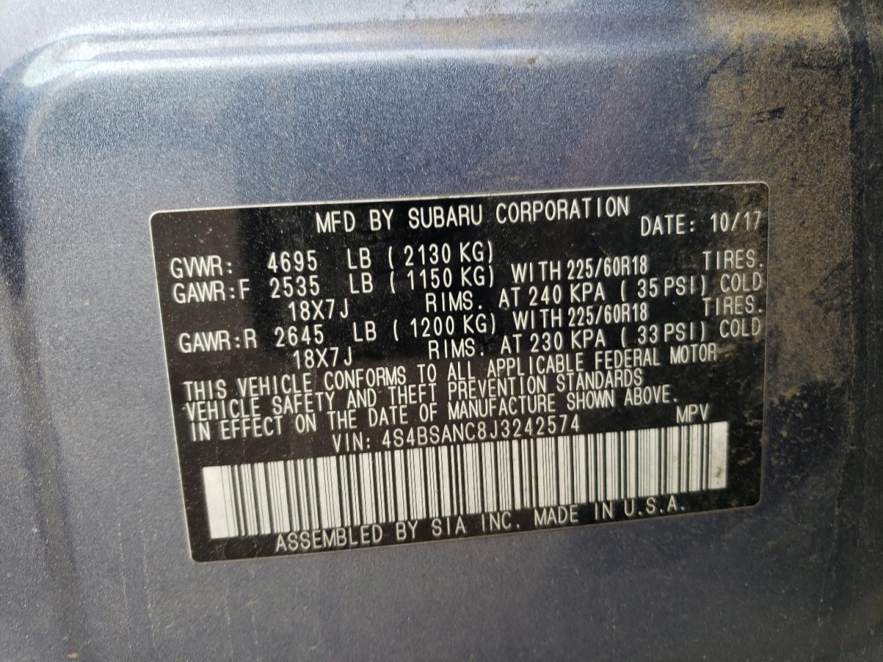 4S4BSANC8J3242574 2018 Subaru Outback 2.5I Limited