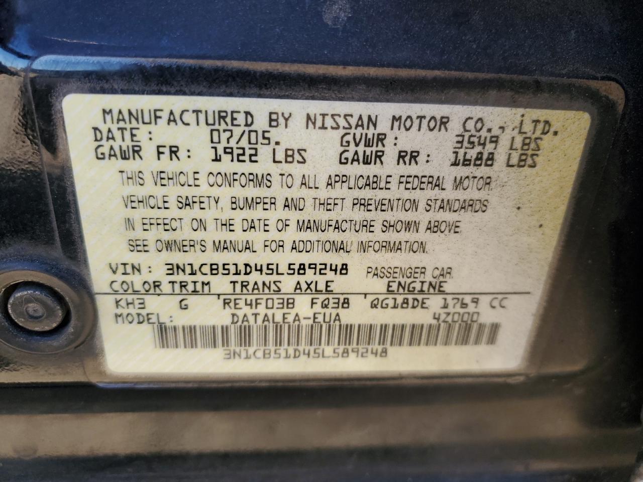 3N1CB51D45L589248 2005 Nissan Sentra 1.8