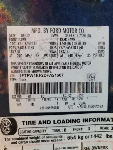 2013 Ford F150 Supercrew VIN: 1FTFW1EF2DFA21687 Lot: 55277524