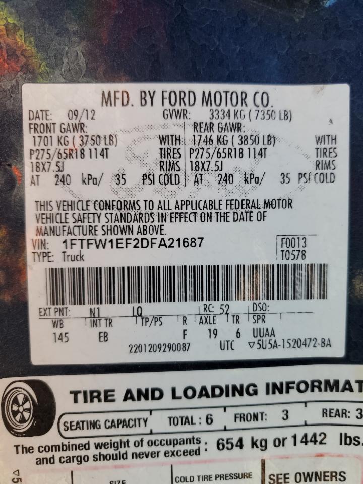 1FTFW1EF2DFA21687 2013 Ford F150 Supercrew