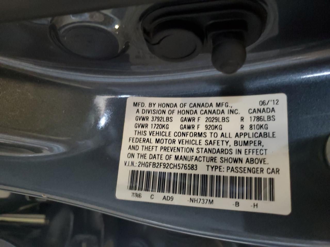 2HGFB2F92CH576583 2012 Honda Civic Exl