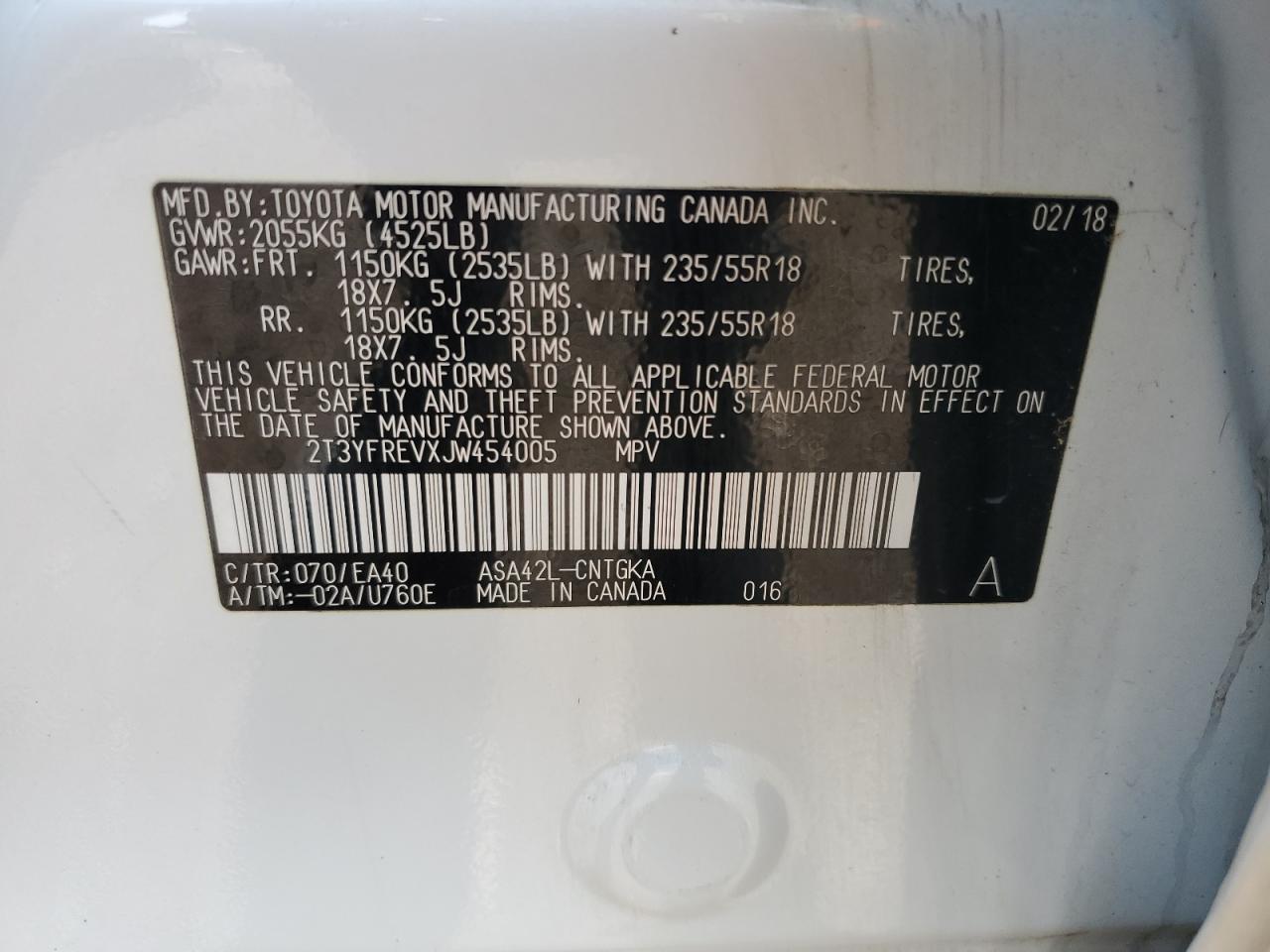 2T3YFREVXJW454005 TOYOTA RAV4 2018