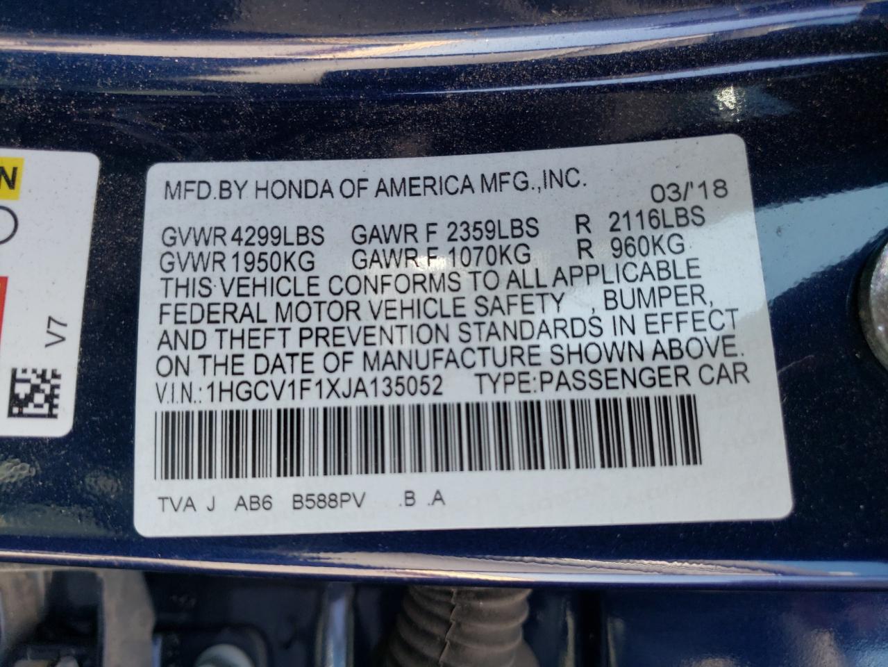 1HGCV1F1XJA135052 2018 Honda Accord Lx