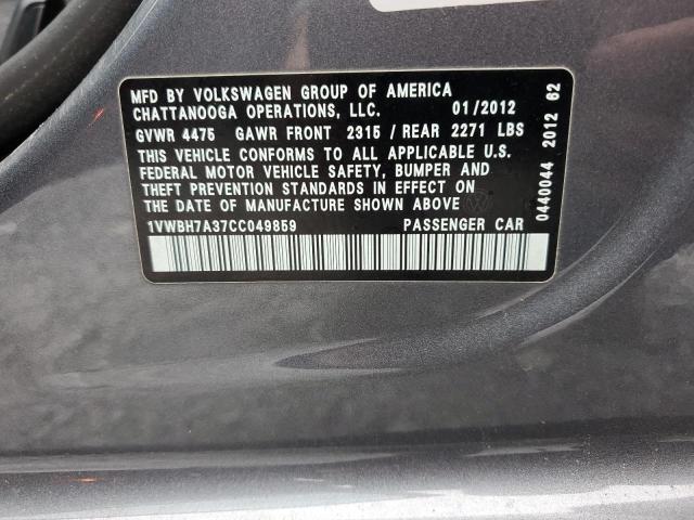 2012 Volkswagen Passat Se VIN: 1VWBH7A37CC049859 Lot: 54627434