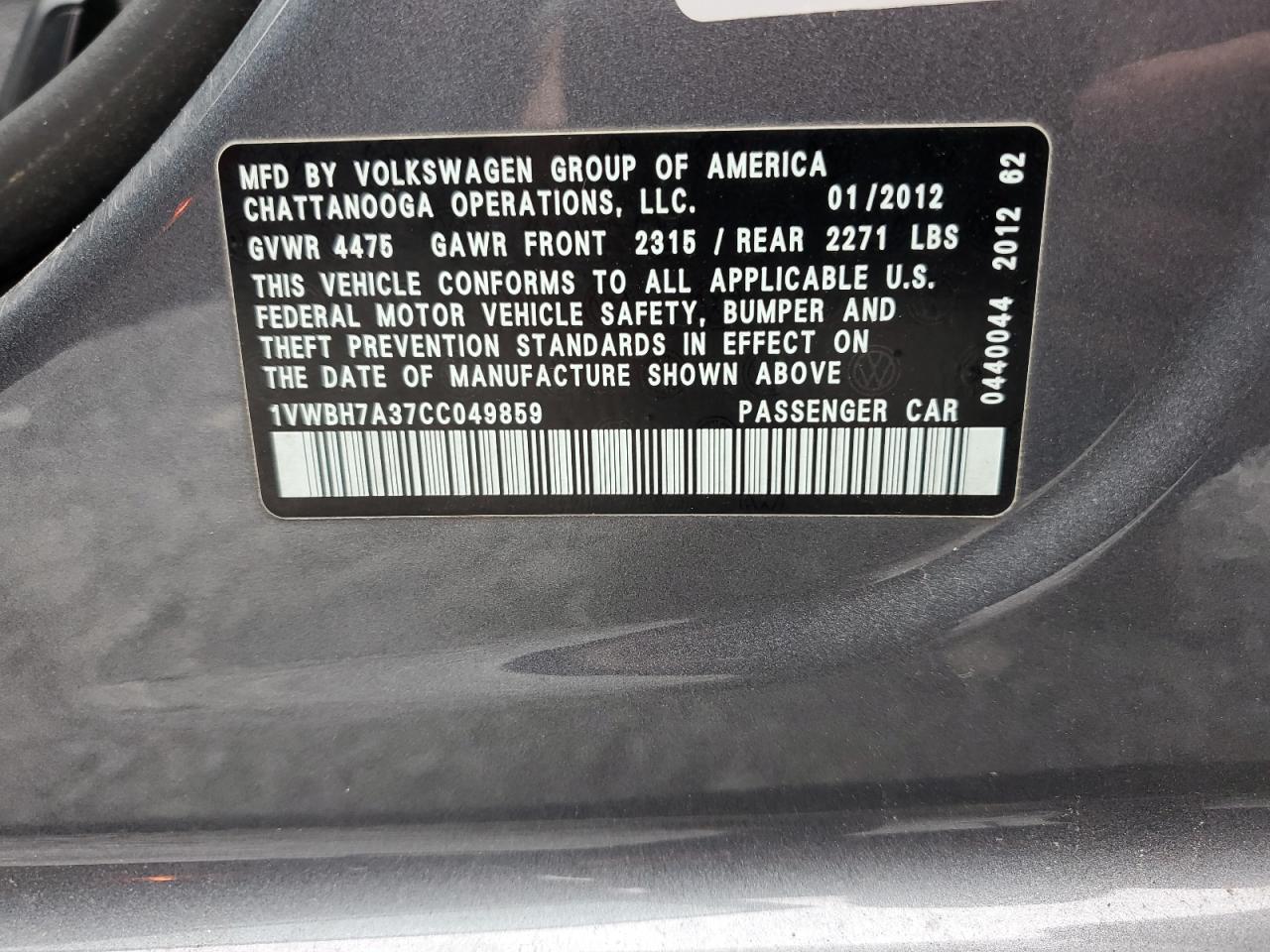 1VWBH7A37CC049859 2012 Volkswagen Passat Se