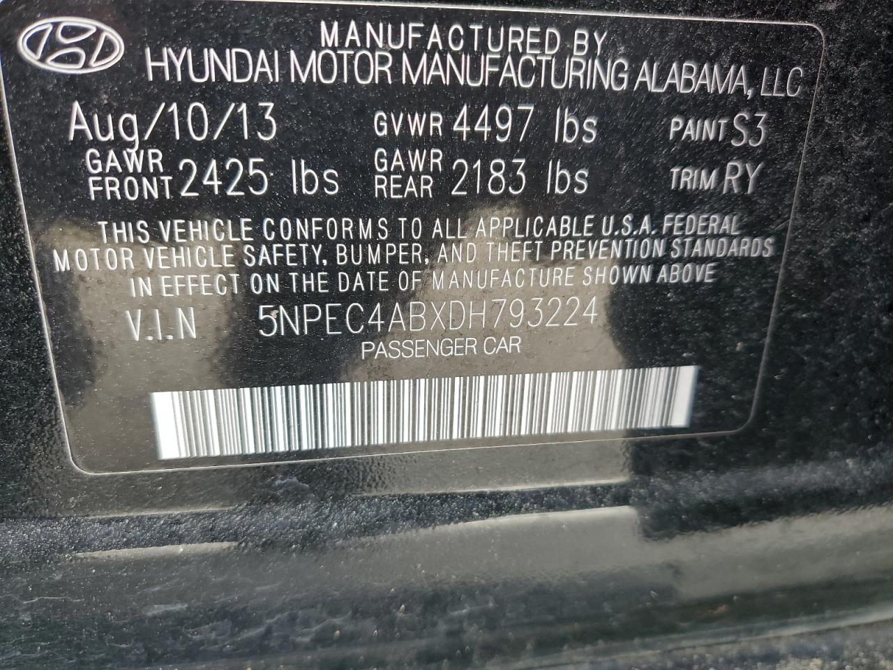 5NPEC4ABXDH793224 2013 Hyundai Sonata Se