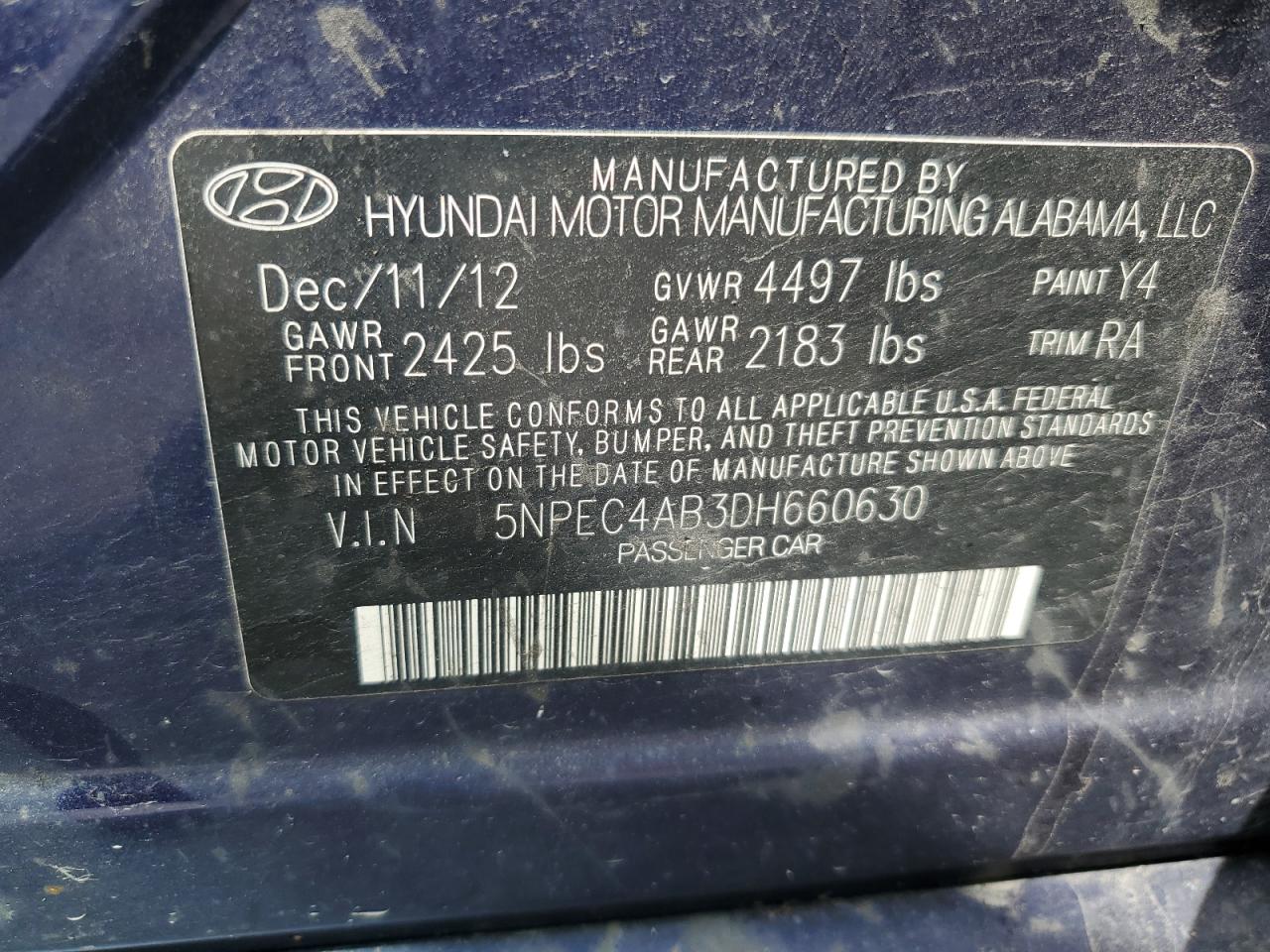 5NPEC4AB3DH660630 2013 Hyundai Sonata Se