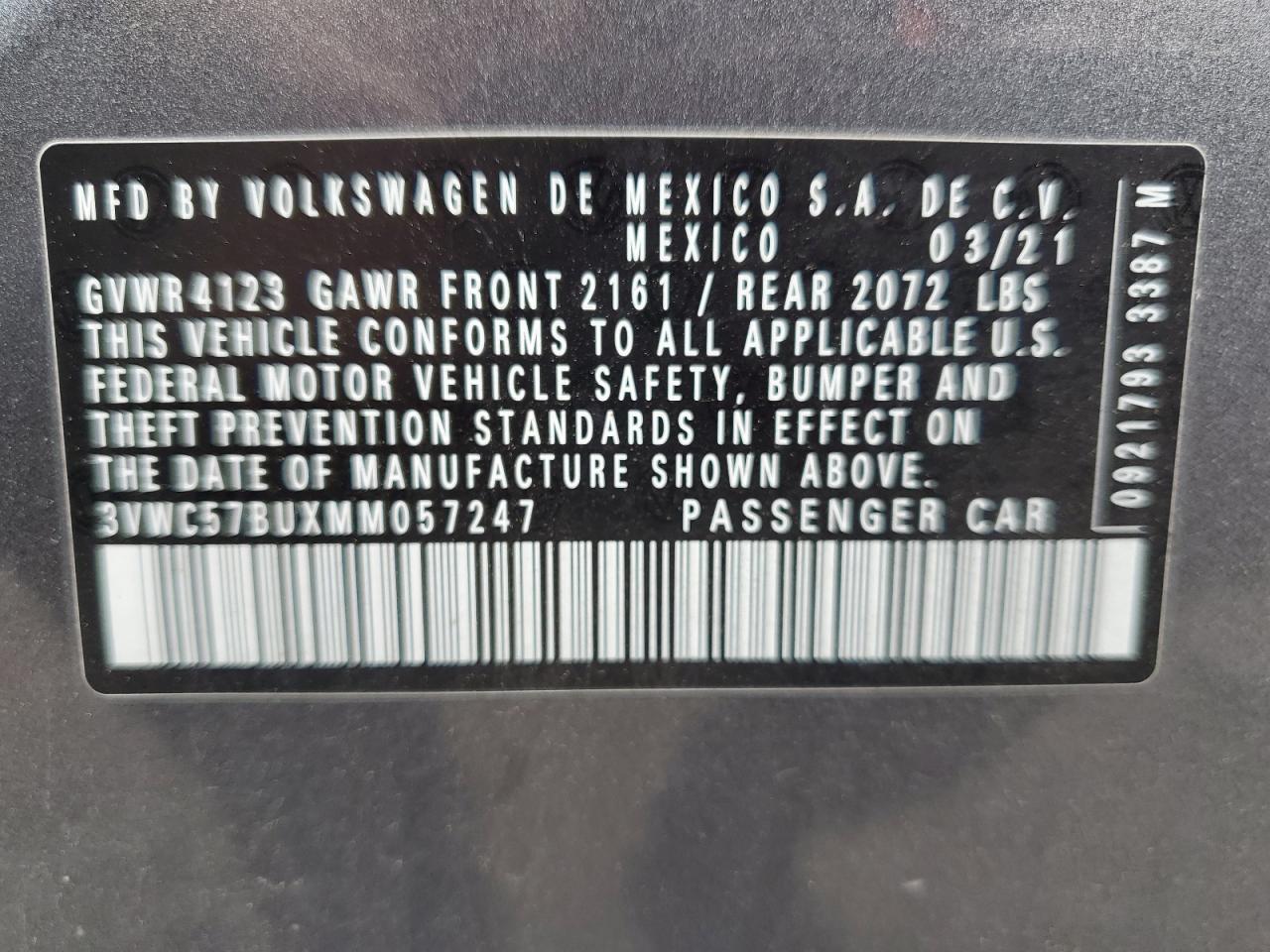 3VWC57BUXMM057247 2021 Volkswagen Jetta S