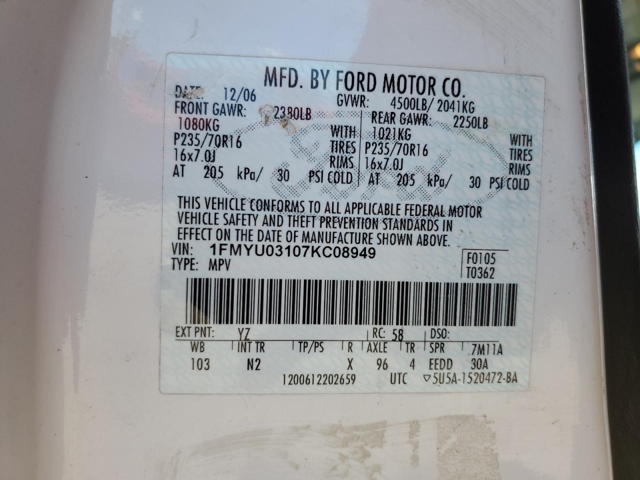 1FMYU03107KC08949 2007 Ford Escape Xlt