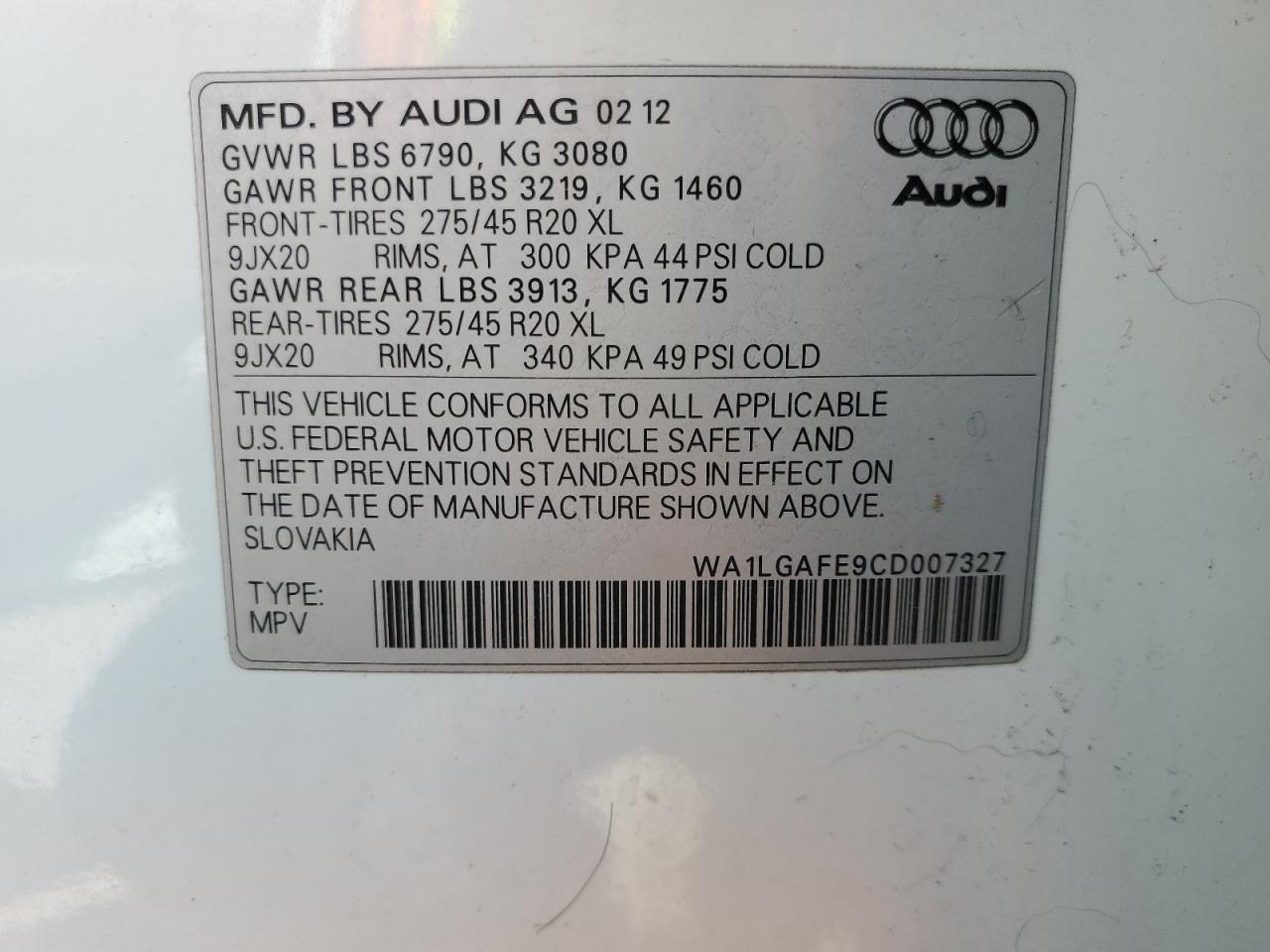 WA1LGAFE9CD007327 2012 Audi Q7 Premium Plus