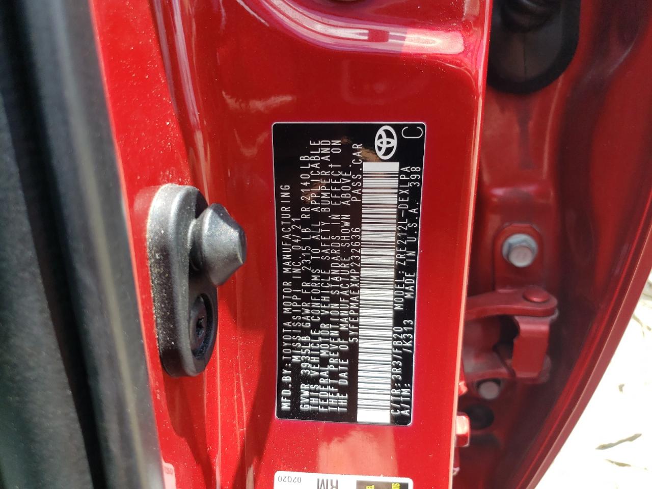 5YFEPMAEXMP232636 TOYOTA COROLLA 2021