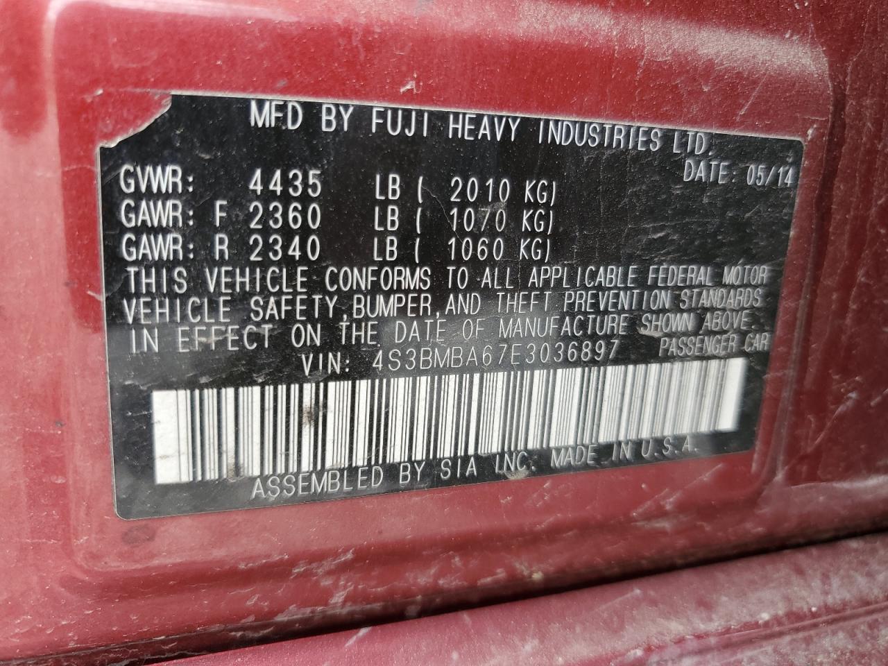 4S3BMBA67E3036897 2014 Subaru Legacy 2.5I