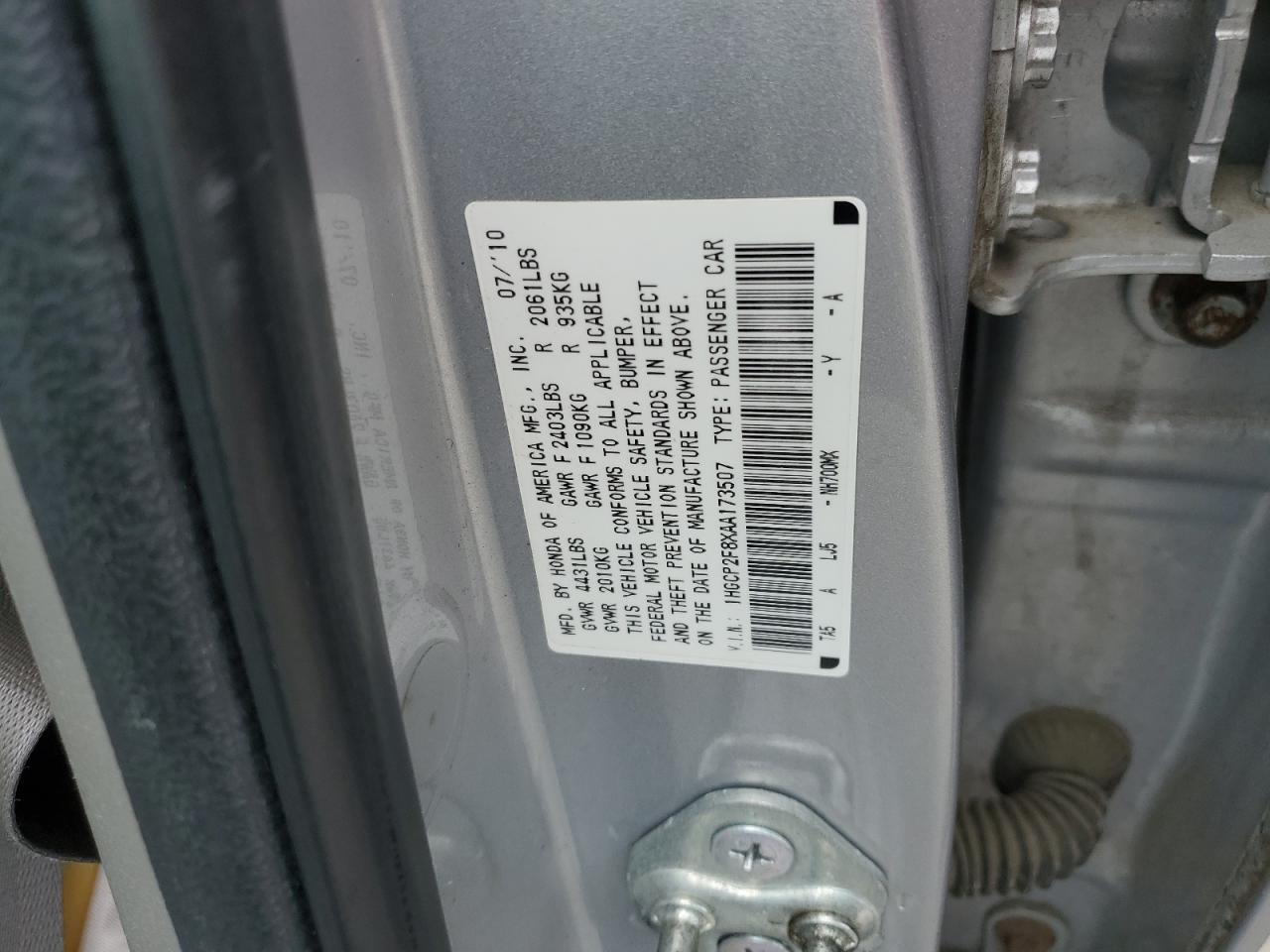 1HGCP2F8XAA173507 2010 Honda Accord Exl