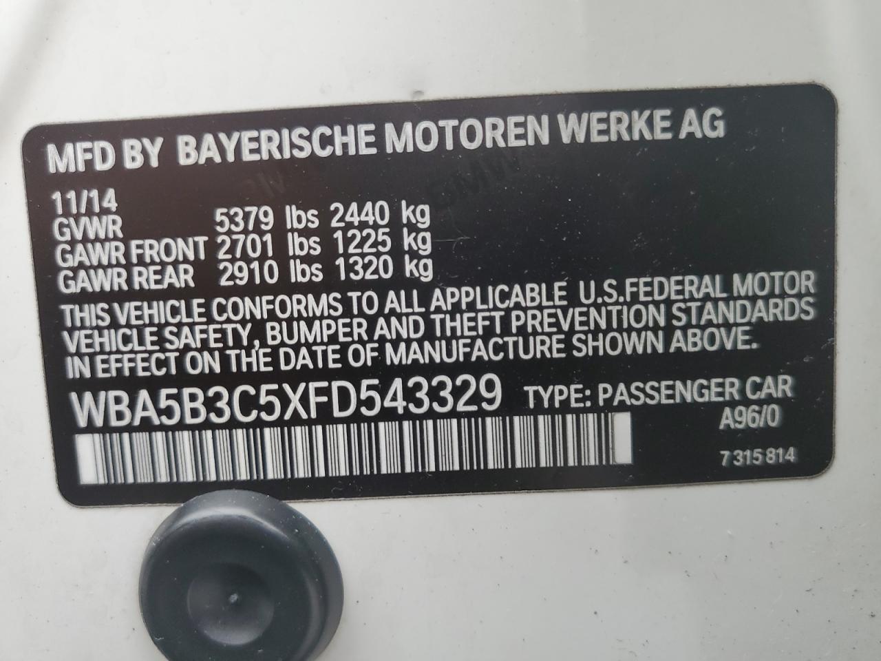 WBA5B3C5XFD543329 2015 BMW 535 Xi