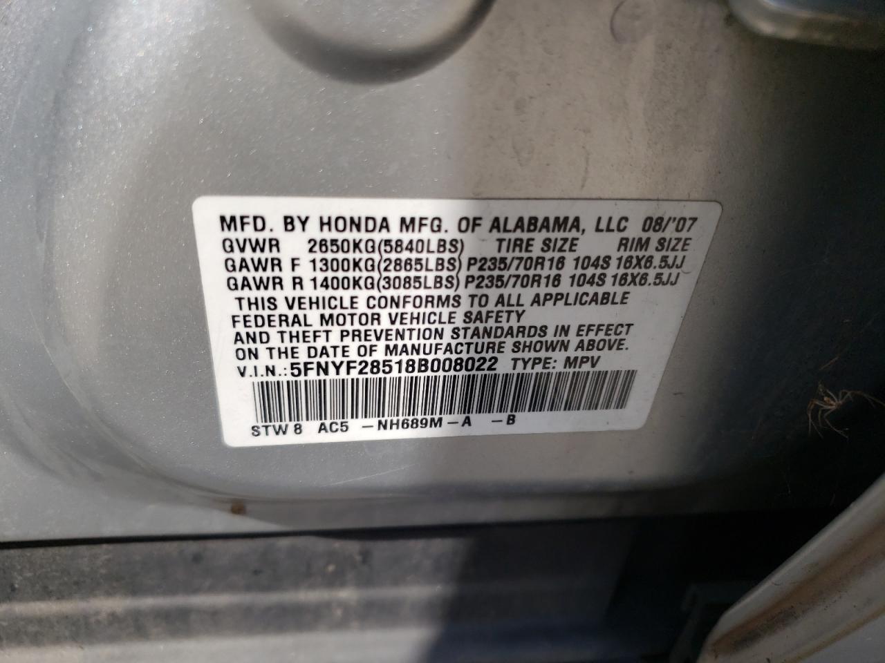 5FNYF28518B008022 2008 Honda Pilot Exl