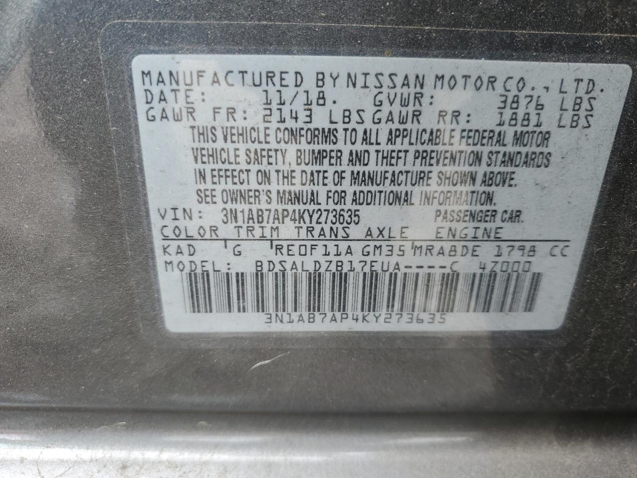 3N1AB7AP4KY273635 NISSAN SENTRA 2019