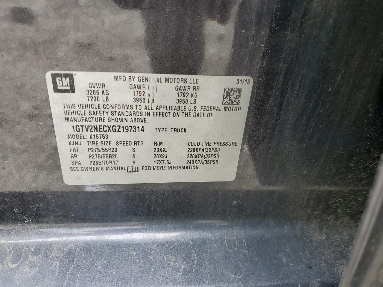 1GTV2NECXGZ197314 2016 GMC Sierra K1500 Slt