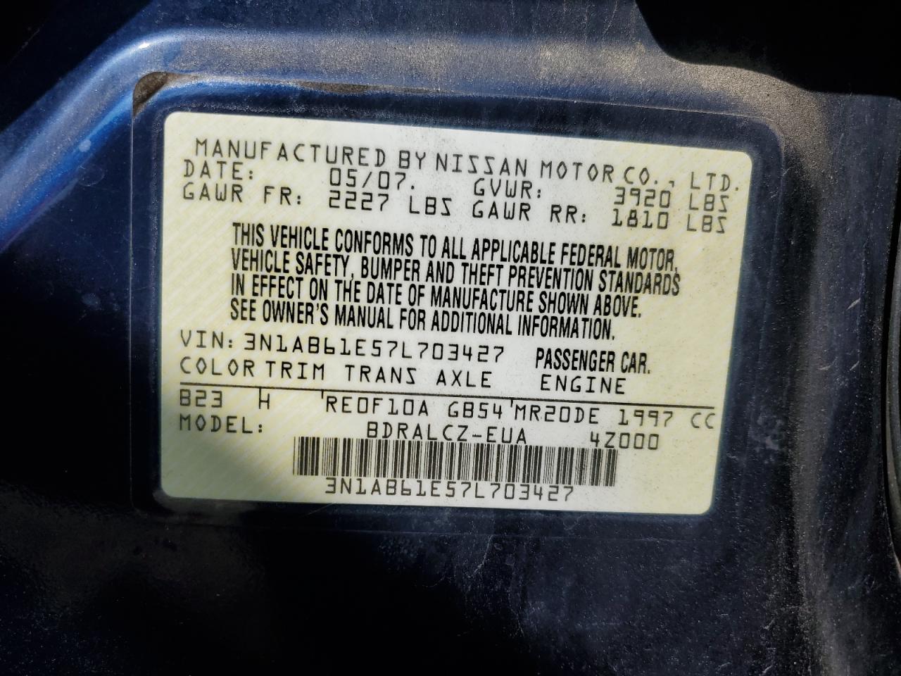 3N1AB61E57L703427 2007 Nissan Sentra 2.0