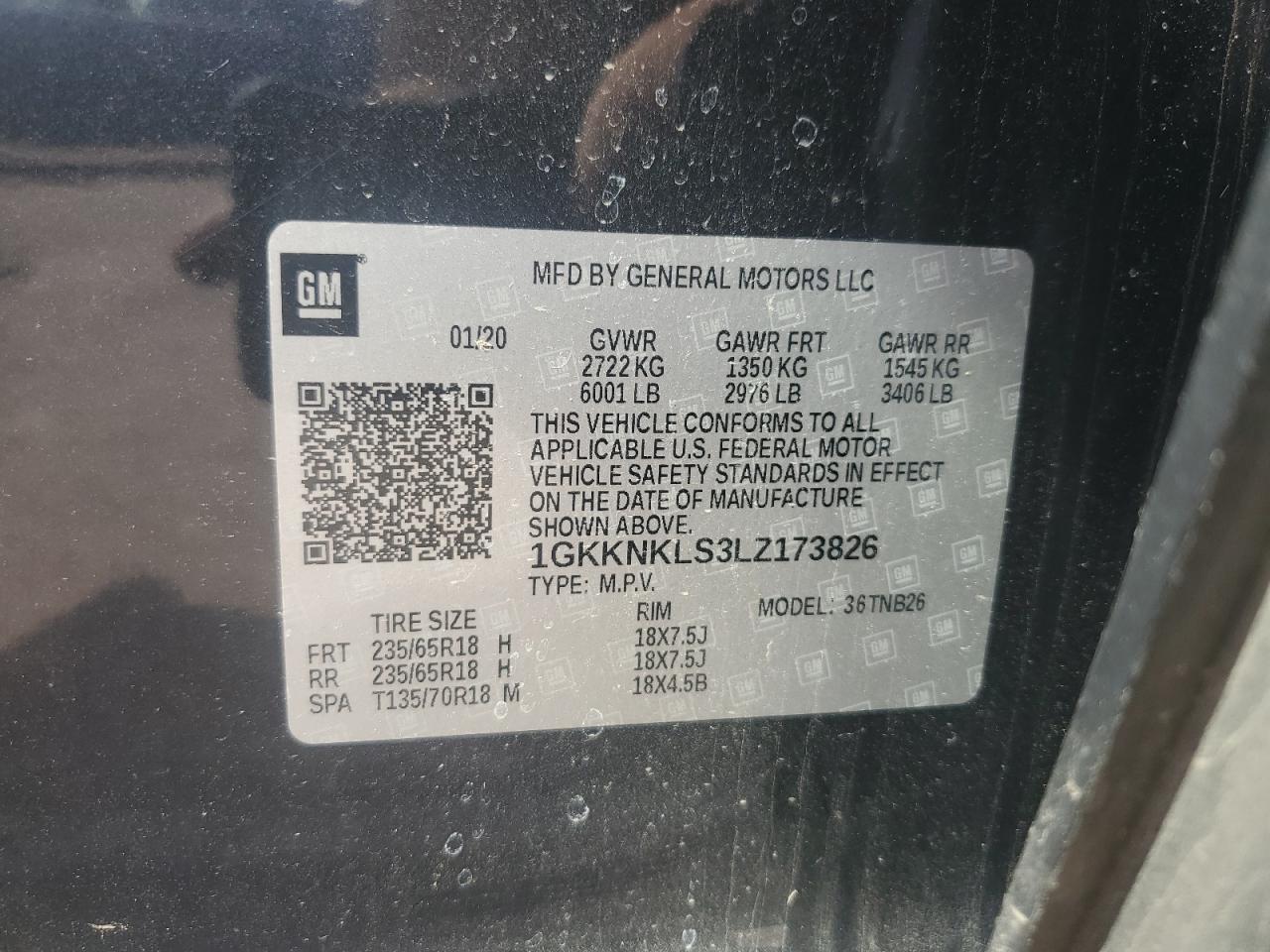 1GKKNKLF3LZ173826 2020 GMC Acadia Sle